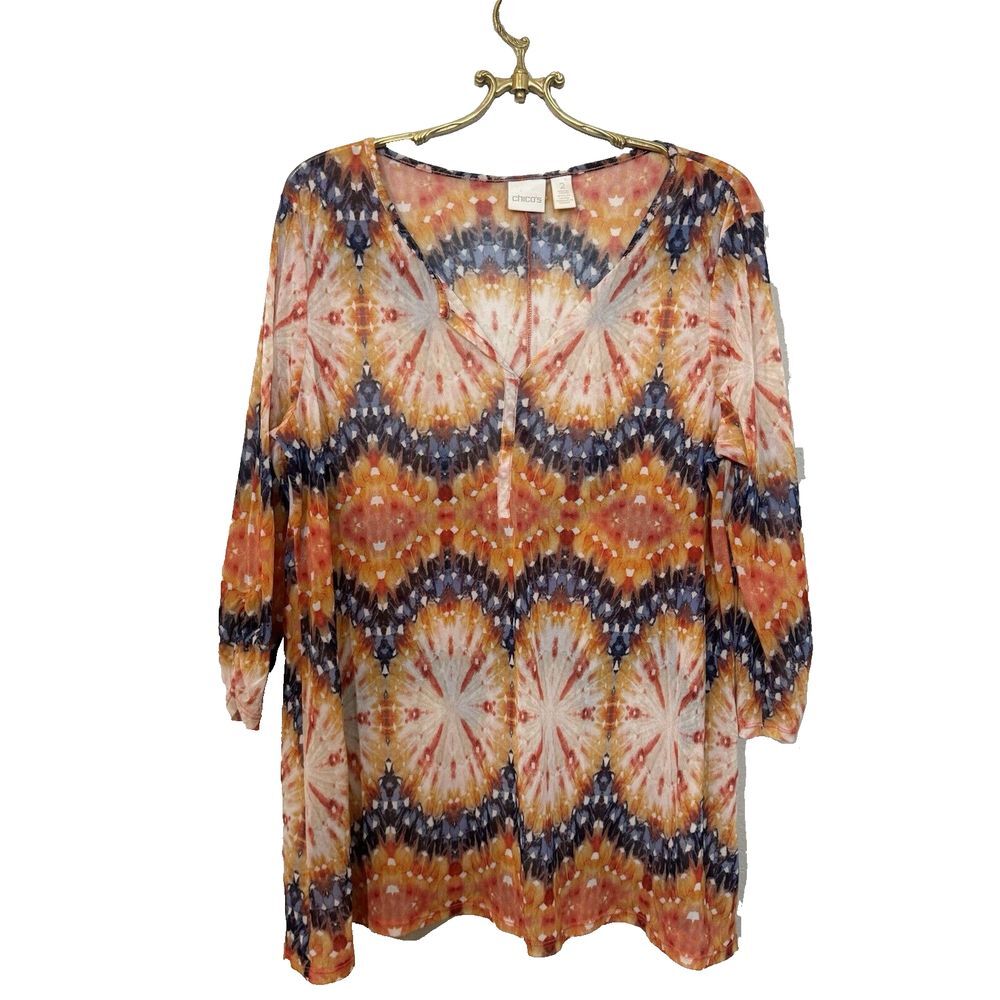 Chicos Sheer Tie Dye Orange Black Yellow 3/4‎ Sleeve Popover Artsy Size Medium